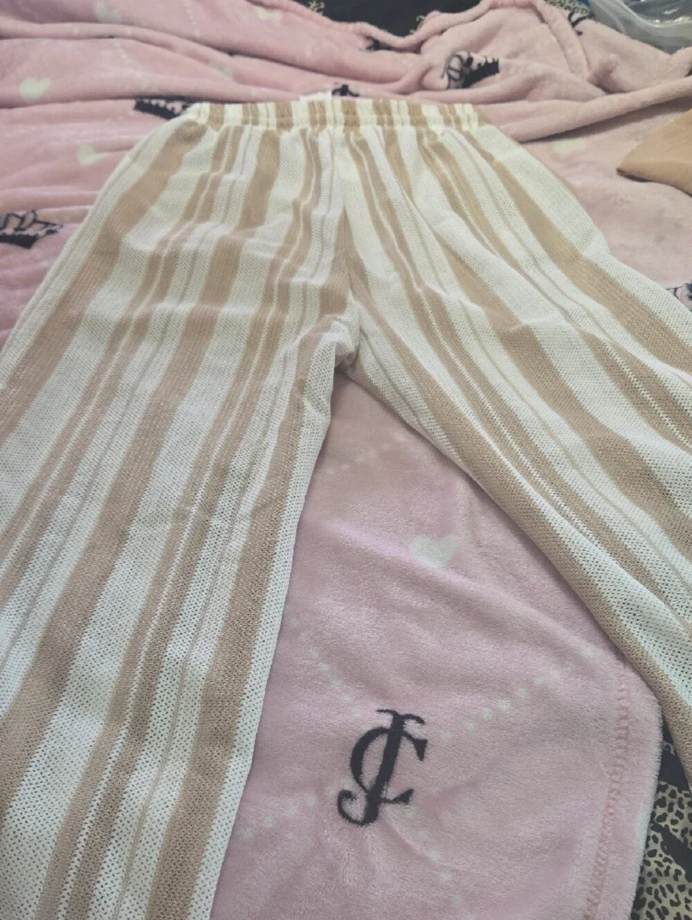 Beige Knit Tank Top and Striped Drawstring Pants Set - Beige